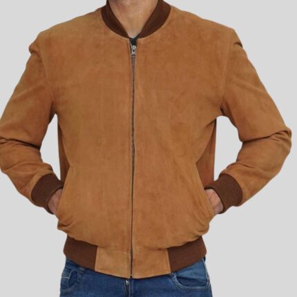 Full view of brown suede bomber jacket for men