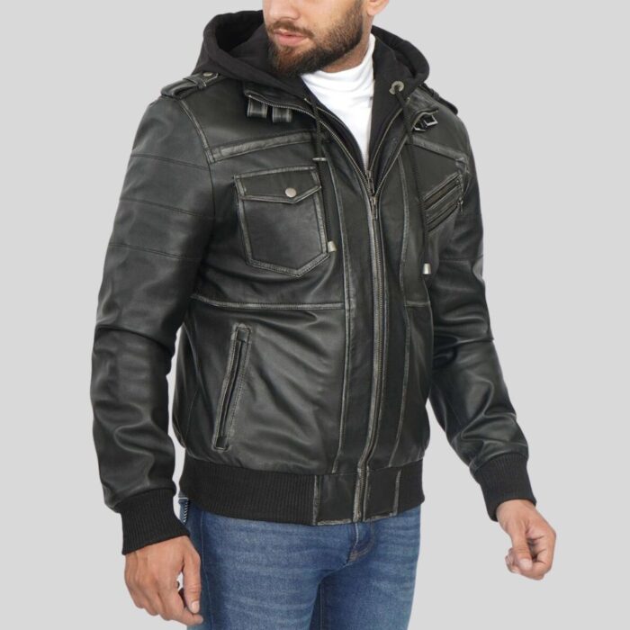 Full view of men's leather bomber jacket with hood