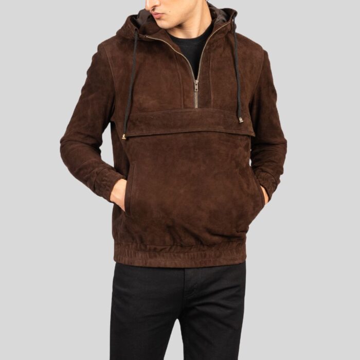 Full view of men's suede jacket with hood