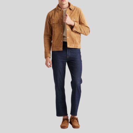 Full view of men's tan suede jacket