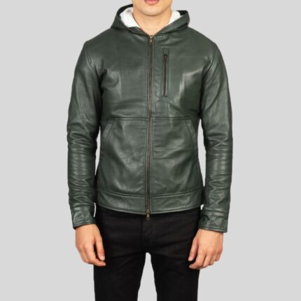 Hooded green leather jacket for men - front view