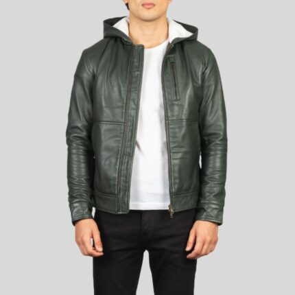 Hooded green leather jacket for men - full view