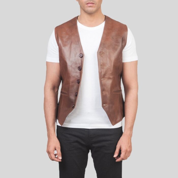 Men's Brown Leather Vest - Close Up