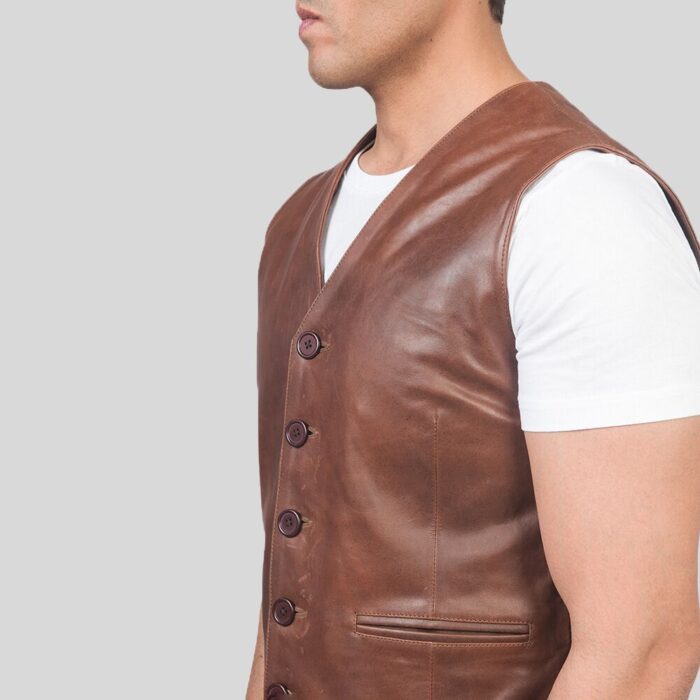 Men's Brown Leather Vest - Close View