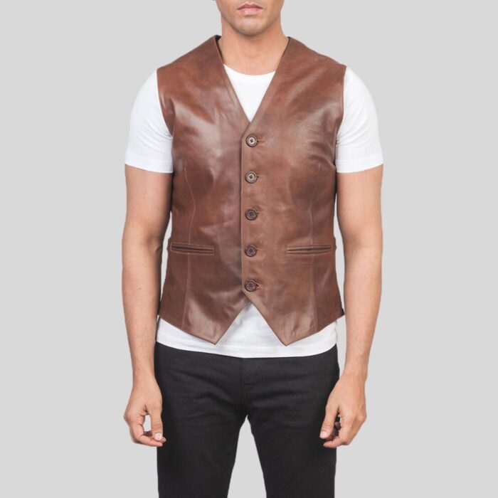 Men's Brown Leather Vest - Front View