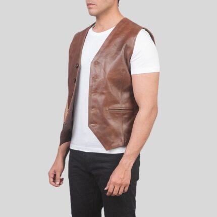 Men's Brown Leather Vest - Side View