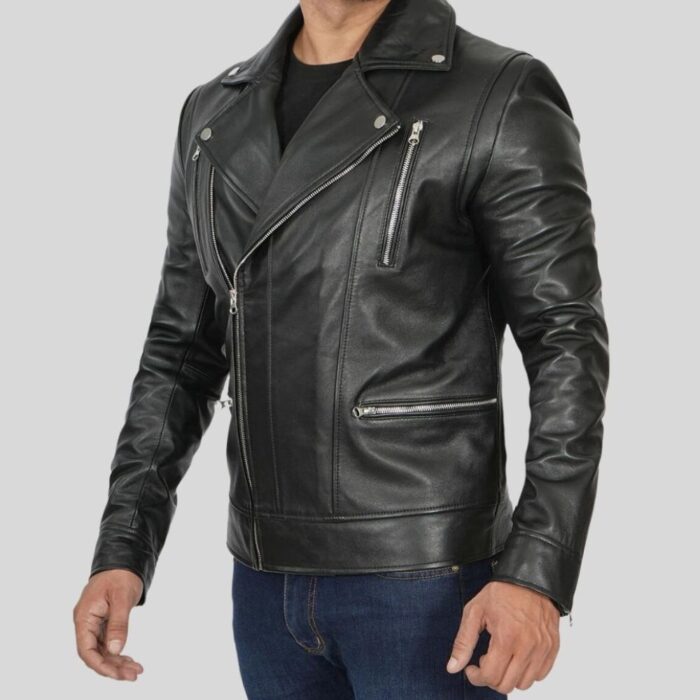 Side view of Asymmetrical Black Leather Jacket