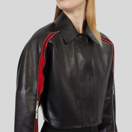 Side view of Cropped Black Leather Jacket For Women