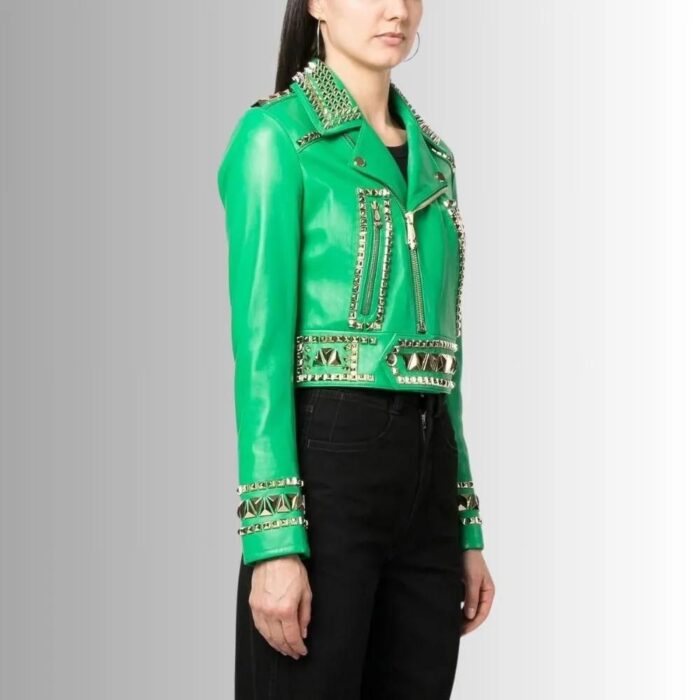 "Side view of Gothic leather jacket for women"