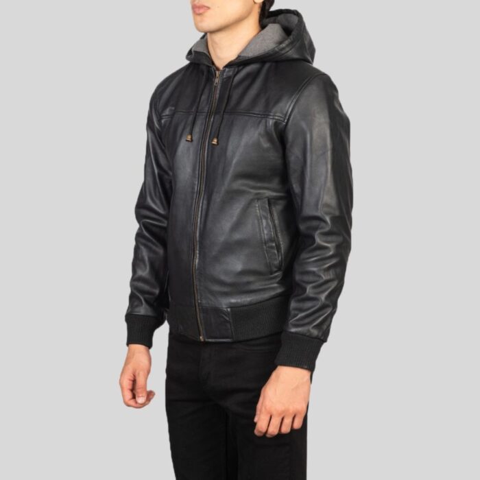 Side view of Leather Hooded Bomber Jacket