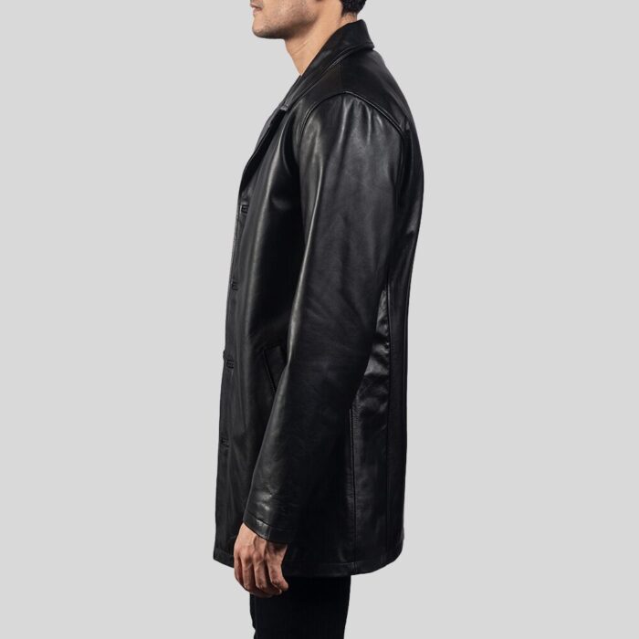 Side view of a black leather coat