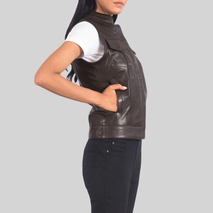 Side view of a brown leather vest for women