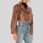 Side view of a cropped brown leather jacket