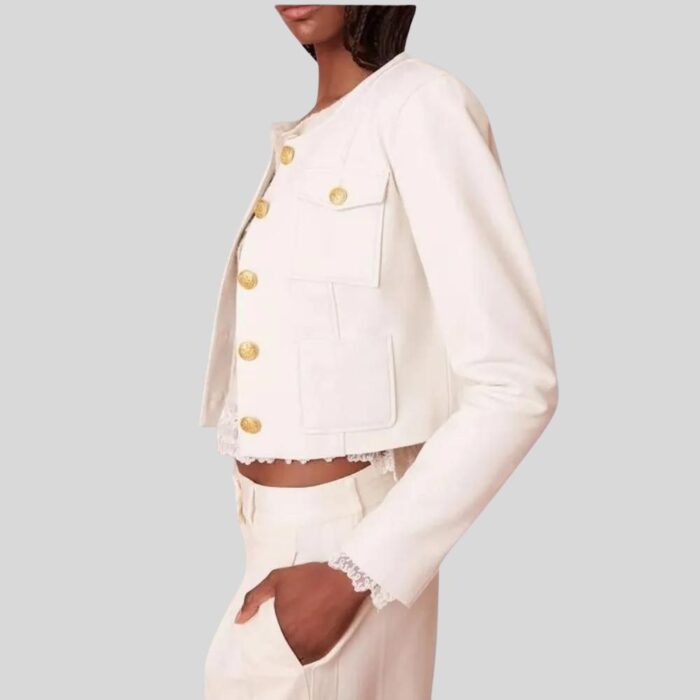 Side view of a cropped white leather jacket