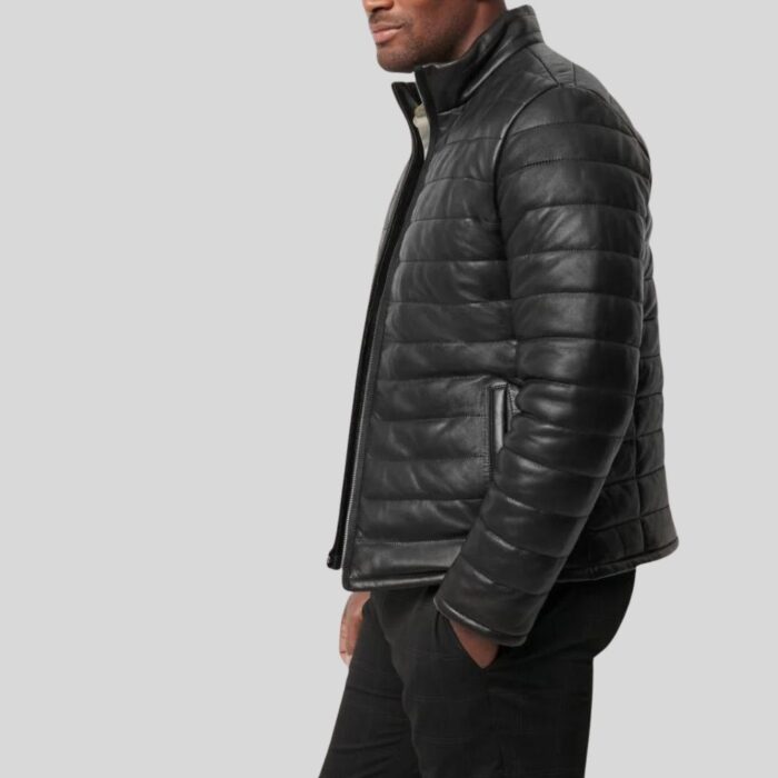 Side view of a men's leather puffer jacket