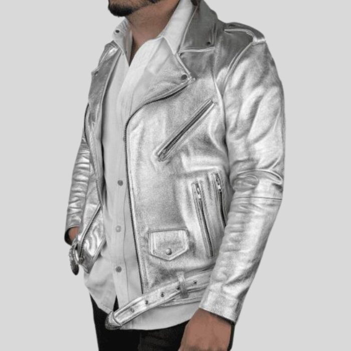 Side view of a silver leather jacket for men