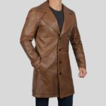 Side view of a stylish brown leather coat