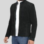 Side view of black suede jacket for men