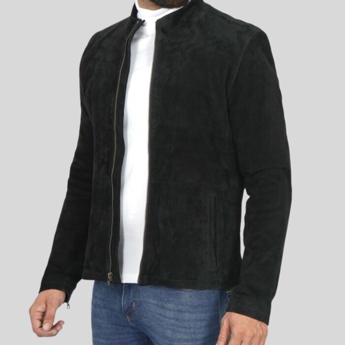 Side view of black suede jacket for men