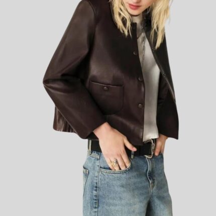 Side view of brown cropped leather jacket