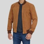 Side view of brown suede bomber jacket for men