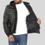 Side view of men's leather bomber jacket with hood