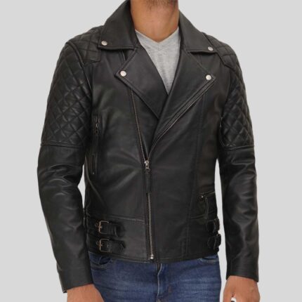 Side view of men's quilted leather jacket