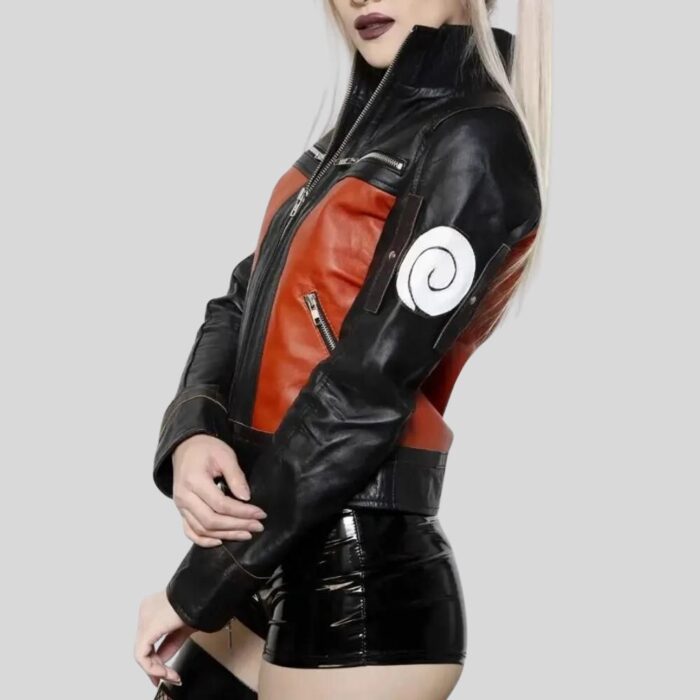 Side view of red and black leather jacket