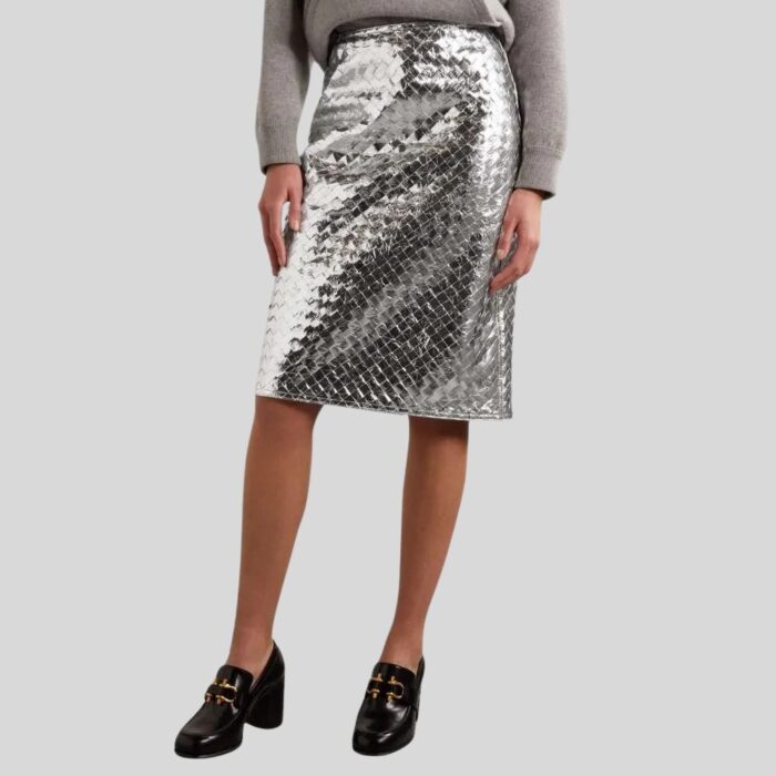 Side view of silver leather skirt