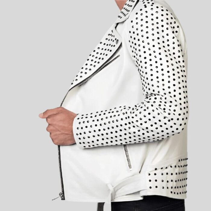 Side view of white studded leather jacket