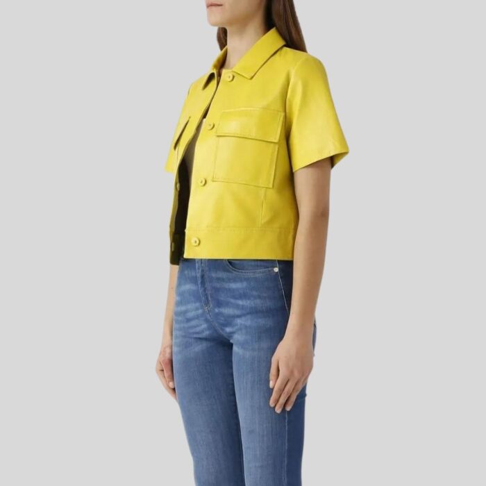 Side view of yellow leather jacket for women