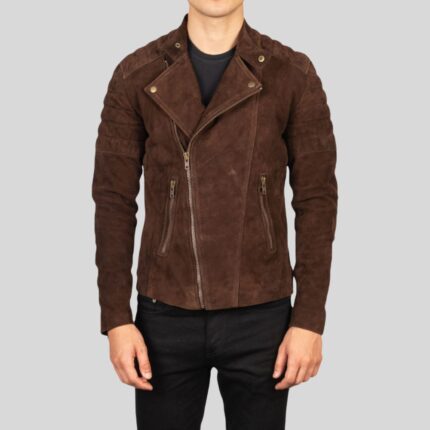 Front view of a brown suede jacket for men