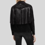 Women's suede fringe jacket back view.