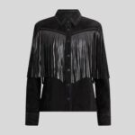 Women's suede fringe jacket front view.