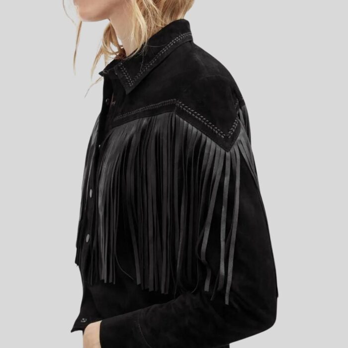 Women's suede fringe jacket side view.