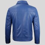 Back view of men's blue leather trucker jacket