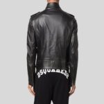 Back view of a black leather biker jacket for men