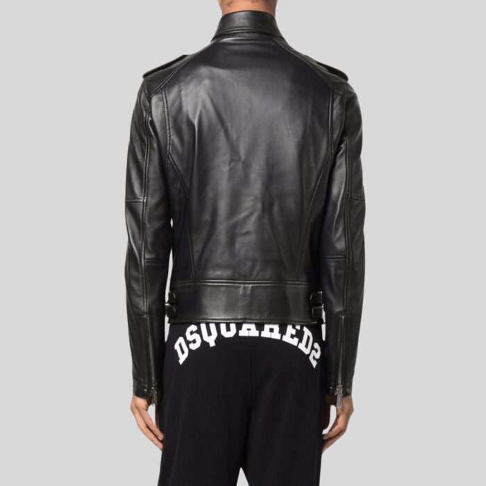 Back view of a black leather biker jacket for men