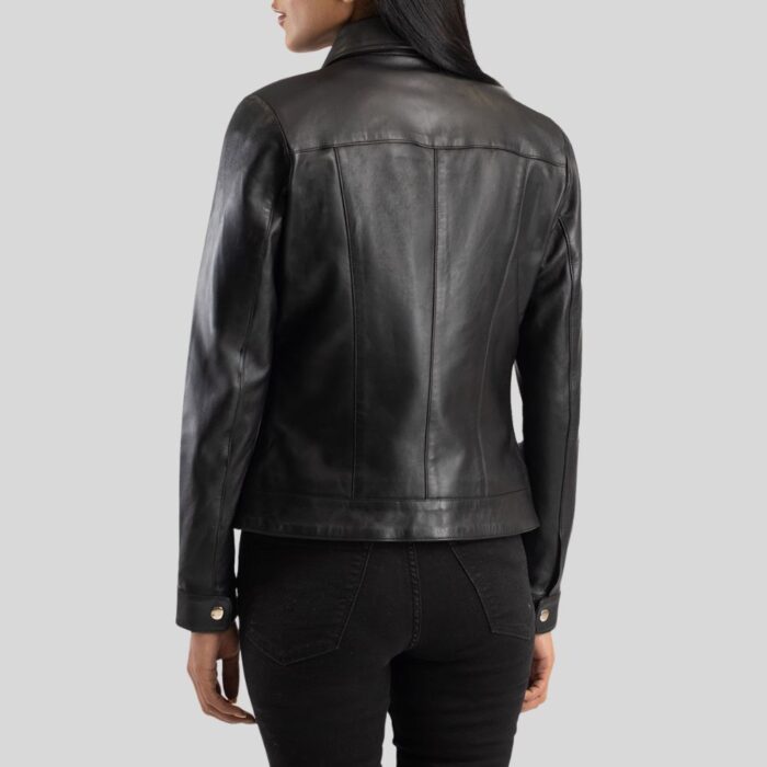 Back view of a black leather jacket for women