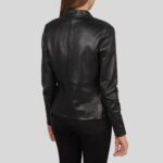 Back view of a classic leather biker jacket for women