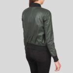 Back view of a women's green bomber jacket