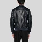 Back view of black leather bomber jacket for men