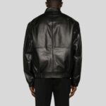 Back view of black men's leather bomber jacket