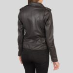 Back view of brown leather biker jacket for women