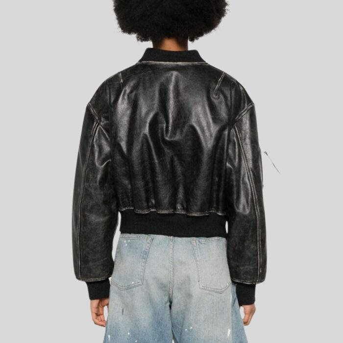 Back view of distressed leather bomber jacket for women