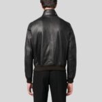 Back view of mens black bomber leather jacket