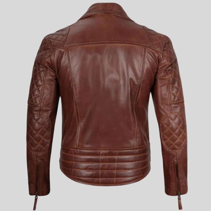 Back view of men's cognac leather jacket