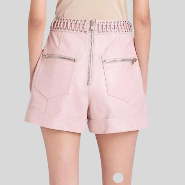 Back view of pink leather shorts