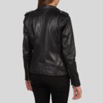 Back view of women's black leather biker jacket