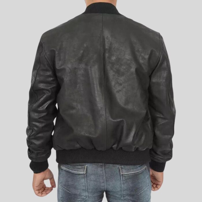 Black leather bomber jacket for men, back view